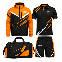 Ensemble d'entraînement personnalisé avec logo, noir et bleu, maillot de sport, short, sac à dos, uniforme entièrement sublimé, tenue d'équipe, kit d'entraînement personnalisé