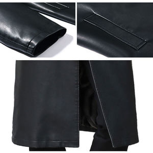 <b>Men's</b> <b>Black</b> Genuine Leather <b>Long</b> Overcoat with Turn-down Collar Single Breasted Knee Length Quick Dry Breathable <b>Coat</b> - Product Image 6