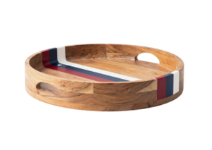 Plateau de service en bois pour la fête de l'Indépendance américaine, plateau rond en bois patriotique avec rayures rouges, blanches et bleues pour usages multiples - Product Image 3