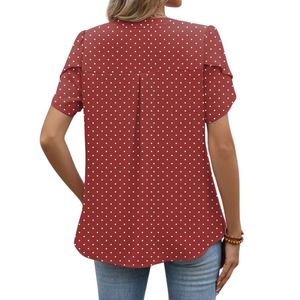 Blusa de Gasa para Mujer, Elegante, Color Borgoña, con Textura de Puntos, Cuello con Volantes, Manga Corta con Volantes, Transpirable, para Oficina, Uso Diario - Product Image 2