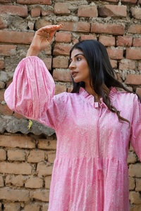 New Arrival Pink Paisley Mix Printed Cotton Mini Maxi <b>Dress</b> Ruffle Henley Neckline With Tassel <b>Summer</b> Mini Maxi <b>Dress</b> for Women - Product Image 2