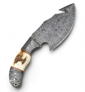 Couteau utilitaire avec lame en acier damas, manche en corne de cerf et bolster en acier damas - Product Image 1