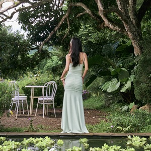Jupe sirène superposée asymétrique en maille, taille naturelle, longueur maxi, respirante, avec décorations plissées menthe, articles en stock, qualité export - Product Image 6