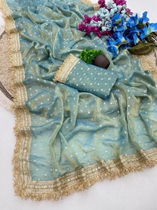 Sari en soie avec broderie dorée pour femmes, tenue de mariage indienne et pakistanaise, robe traditionnelle longue jusqu'au sol - Product Image 4