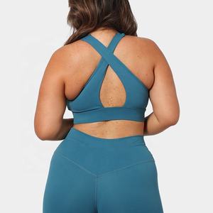 Women's Sports <b>Bra</b> Set With Knotted Front Design In <b>Blue</b> And Brown High Waisted Leggings And Shorts For Yoga Fitness Workout - Product Image 4