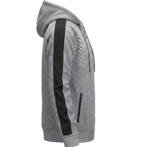 Sweat-shirt à capuche épais pour homme, gris et noir, avec rayures sur les manches et imprimé géométrique, écologique, décontracté, coupe classique, personnalisable - Product Image 1