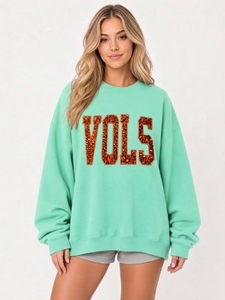 Women's Oversized <b>Red</b> Sweatshirt With <b>Glitter</b> VOLS Sequined Front Drop-Shoulder Crew Neck Full Sleeve Knitted Cotton Autumn Wear - Product Image 2