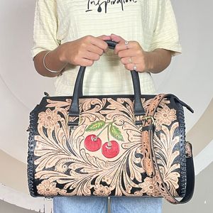 Handcrafted Cherry Design <b>Tooled</b> Genuine <b>Leather</b> Travel Duffel Bags Large Capacity New Fashion Overnight Weekender Luggage Bags - Product Image 4