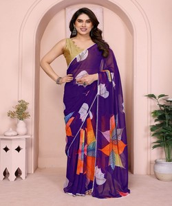 Sari de diseñador Georgette con estampado, listo para usar en un minuto, con blusa sin coser, para fiestas indias, venta al por mayor en EE. UU. y Europa - Product Image 1