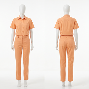 Conjunto de Uniforme de Trabajo para Mujer, 220 GSM, Sarga de Polialgodón, Camisa de Manga Corta Color Durazno, Pantalón, Logotipo Bordado Personalizado - Product Image 1