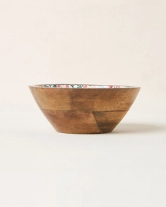 Tazón de Madera de Mango Ecológico Hecho a Mano con Diseño Floral en Acuarela Rosa y Blanca, Estilo Rústico, para Servir Ensaladas - Product Image 3