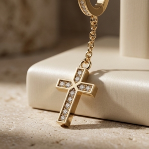 RAAMAA Boucles d'oreilles clous pendantes pour homme, plaqué or 10k/14k/18k, croix religieuse incrustée de diamants taille brillant, style Huggie, diamant surélevé - Product Image 4