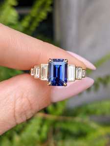 Blue Sapphire Emerald Cut Moissanite Gemstone Five Stone <b>Ring</b> For Unisex original 925 Silver For Bridal Surprise Gift Her - Product Image 1