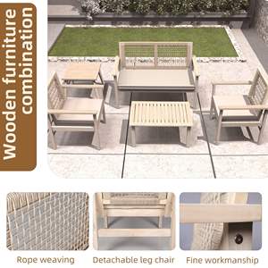 Conjunto de Muebles de Patio de 4 Piezas en Madera de Acacia con Cojines, Diseño Tejido con Cuerda, Muebles de Exterior Naturales - Product Image 6