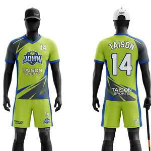 Maillot de football en jersey interlock polyester 180 GSM de qualité supérieure, vert fluo et bleu, avec panneau latéral par sublimation - Product Image 1