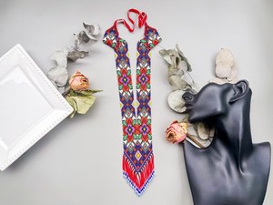 Collier tendance style bohème chic, bleu et rouge, à motifs floraux et géométriques, long collier ethnique bohème perlé, cadeau fait main - Product Image 2