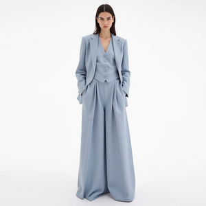 Ensemble tailleur pantalon et blazer 2 pièces sur mesure en mélange lin-coton bleu clair <span class=keywords><strong>pour</strong></span> <span class=keywords><strong>femme</strong></span>, coupe oversize, idéal <span class=keywords><strong>pour</strong></span> le bureau et les occasions formelles - Product Image 2