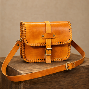 Handcrafted Tan <b>Leather</b> Crossbody Bag Vintage Satchel Purse With Braided Stitching Adjustable Shoulder Strap - Product Image 4