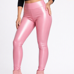 Leggings de Cuero Rosa de Cintura Alta, Pantalones de Yoga Transpirables con Cintura Elástica Sin Costuras - Product Image 4