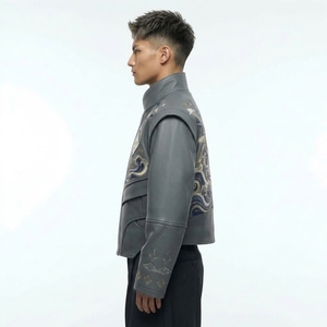 Chaqueta de Cuero Genuino con Cuello Mandarín, Patrón Geométrico Bordado, Estilo Urbano, Corte Regular, Cierre de un Solo Botón, para Otoño - Product Image 4