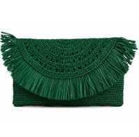 Tas Amplop Rajut Raffia Teal dengan Rumbai Gaya Bohemian Ramah Lingkungan Tahan Lama Dapat Disesuaikan untuk Penggunaan Malam Hari.