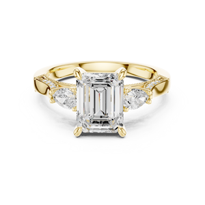 Bague de fiançailles vintage en or jaune avec trois diamants de laboratoire taille émeraude et milgrain pour femme - Product Image 1