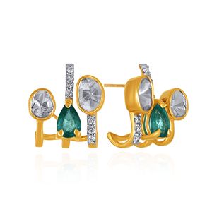 Pendientes de Diamantes Polki Abstract Fusion para Mujer, Oro Amarillo con Piedras Laterales de Esmeralda, Corte Ovalado, Diamantes Cultivados en Laboratorio - Product Image 2