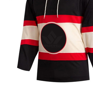 Maillot de hockey sur glace personnalisé pour homme, noir, 100 % polyester, imprimé, respirant, avec rayures rouges, manches longues, fermeture à nouer, coupe classique - Product Image 5