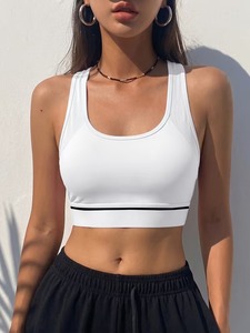High Stretch <b>Mesh</b> Panel Racerback Workout Sports Bra Stripe Contrast Band Women Activewear Running Gym Yoga <b>Crop</b> Tank <b>Top</b> - Product Image 5
