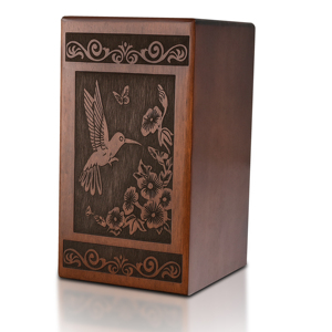 Urna Funeraria de Madera con Acabado Natural, Diseño Floral de Colibrí, Capacidad de 220 Pulgadas Cúbicas, Personalizable para Cenizas Humanas de Adultos - Product Image 1
