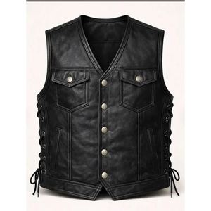 Gilet en cuir véritable pour homme, fermeture à lacets, couleur unie, style motard, vêtement d'extérieur d'automne, longueur normale - Product Image 1