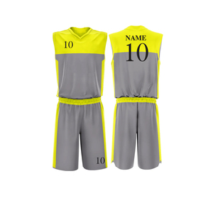 Ensemble d'uniformes de basketball personnalisés sublimés, sans manches, col en V, gris et jaune, séchage rapide, 100 % polyester, unisexe adulte - Product Image 1