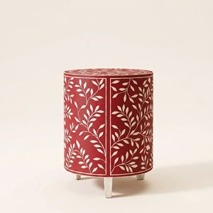 Table de chevet artisanale de qualité supérieure, motif floral rouge et blanc, incrustation en os, en bois, pour la décoration, provenance Inde - Product Image 2