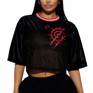 Luxury Cropped <b>Mesh</b> Women American Football Jersey Red <b>Rhinestone</b> Graphic Polyester Oversized Sports <b>Top</b> Custom Branding Low MOQ - Product Image 4