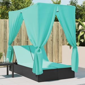 Tumbona Doble con Techo de Poliratán Negro y Cortinas, Muebles de Exterior Cómodos - Product Image 1