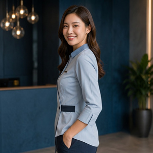 Chemise unisexe à manches courtes bleu clair avec pantalon marine en coton respirant sans coutures pour adultes - Product Image 4