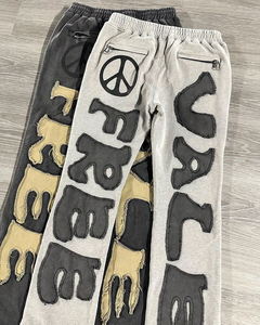 Customized 100% Cotton Applique Patch distressed <b>Embroidery</b> Flared Sweatpants and Hoodie <b>set</b> Street Acid Wash sun fade Tracksuit - Product Image 3