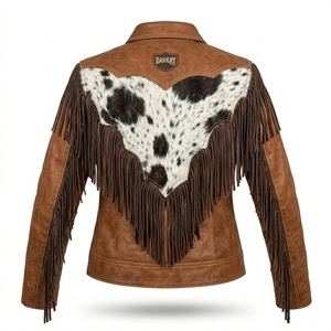 Womens Western <b>Fringe</b> Leather <b>Jacket</b> Real Cowhide Hair On Hide Vintage Brown Distressed Country Cowgirl Outerwear Coat - Product Image 2