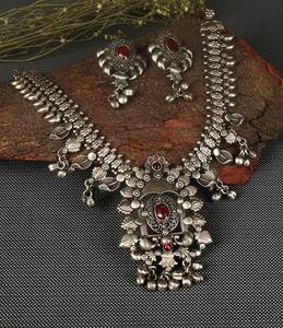 Traditional Brass Antique Silver Plated Bohemian Engagement Wedding Gift Necklace Set with <b>Garnet</b> & Matching <b>Earrings</b> - Product Image 2