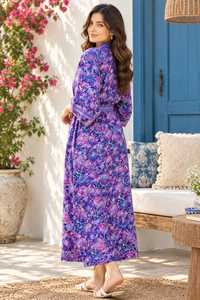 Kimono en coton à imprimé floral, col en V, manches 3/4 brodées à la main, ceinture à nouer et deux poches avant - Product Image 2