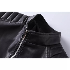 Men's <b>Black</b> PU Leather Moto <b>Jacket</b> Stand Collar Zipper Closure Slim Fit Regular Length Solid Color Autumn Wear - Product Image 3