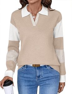 Suéteres holgados de manga larga con cuello en V, suéteres de punto a rayas con bloques de color, tops tipo jersey - Product Image 2