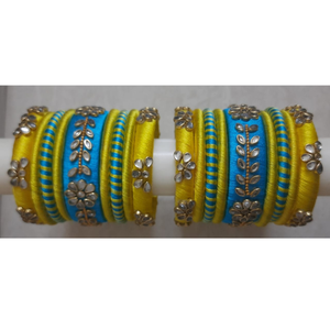 Handmade Yellow & Blue <b>Silk</b> <b>Thread</b> <b>Bangle</b> <b>Set</b> with Kundan Vine Work - Traditional Indian Ethnic Jewelry for Women Wedding Wear - Product Image 1