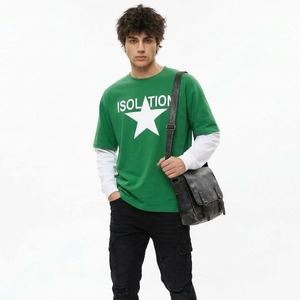 T-shirt Streetwear Homme Unisexe Effet Superposé Faux Deux Pièces Manches Longues Personnalisable Logo Graphique Hip Hop Épaules Tombantes Vente en Gros - Product Image 2