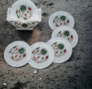 Export Quality 6 Piece <b>White</b> Marbal <b>Coaster</b> Set Stone <b>White</b> & Green - Product Image 3