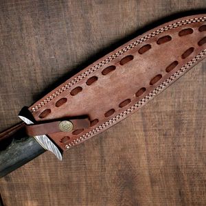 Couteau de chef Bowie avec étui en cuir, option OEM, lame en acier Damas, manche en bois Pakka noir, garantie de 3 ans - Product Image 6