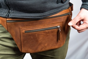 Multiple Pockets Reinforced Stitching Available Leather Waist Bag Waterproof Fade-resistant Crossbody Shoulder Leather Waist Bag - Product Image 4
