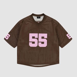 Maillot de football marron surdimensionné pour homme en maille avec imprimé rose 55, style urbain, manches courtes, respirant, vêtement de sport - Product Image 3