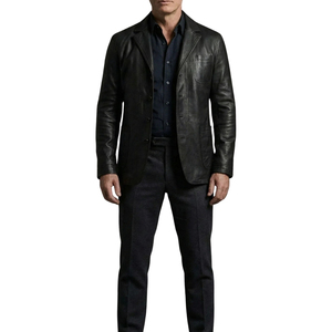 Veste en cuir véritable noire pour homme, col rabattu, coupe ajustée, style décontracté - Product Image 3