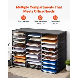 Organizzatore da scrivania in metallo a 27 scomparti con coperchio in legno e rete metallica rimovibile per archiviazione documenti e letterature - Product Image 5